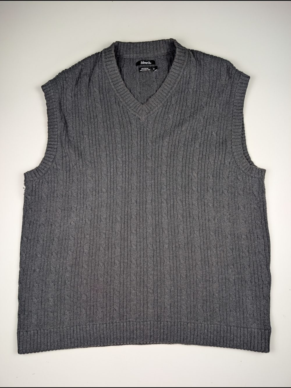 Vintage Ashworth Mens XL Grey Cable Knit V Neck Golf Sweater Vest Cotton